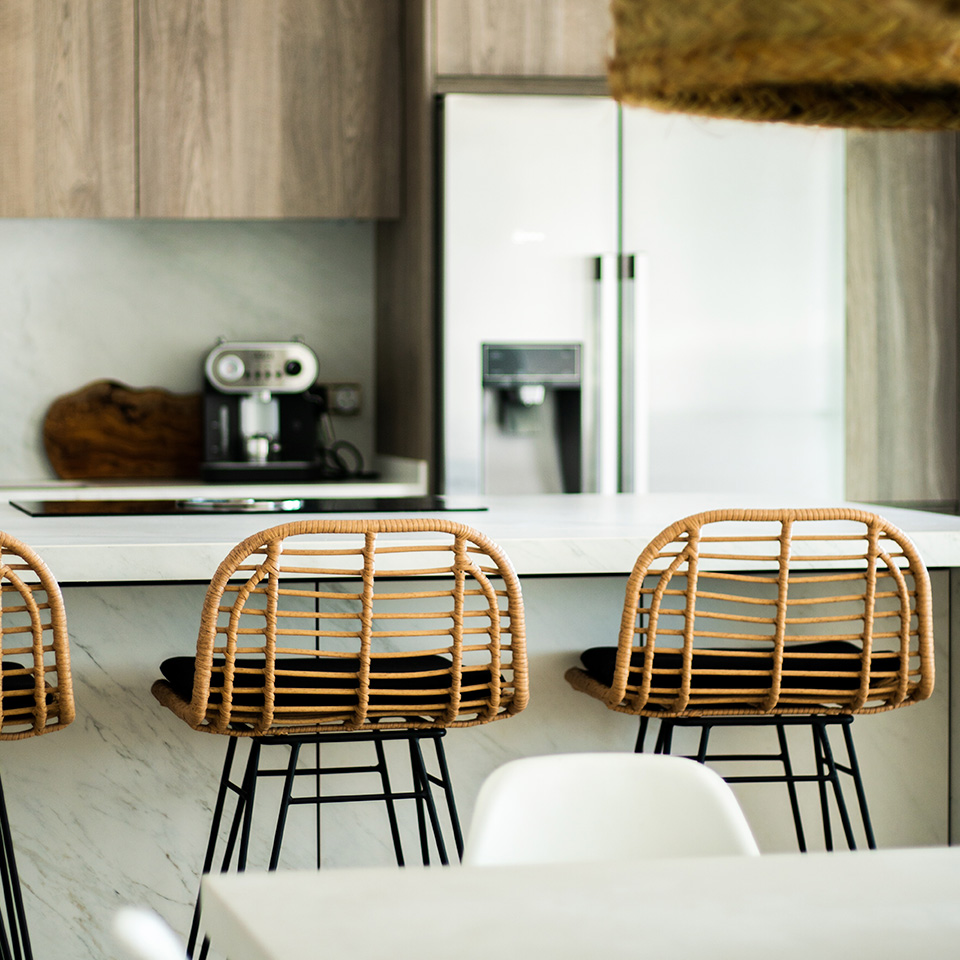 High chairs in open plan kitchen